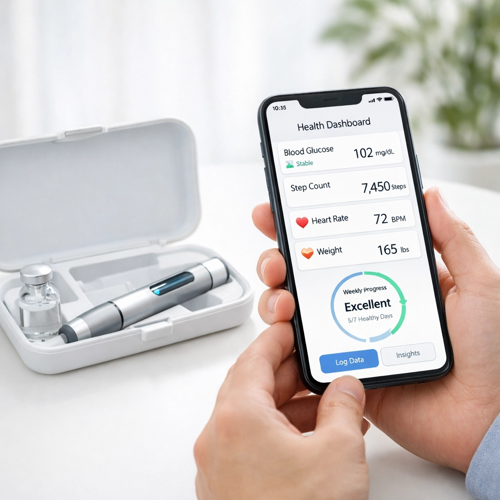 Smartphone with health app next to semaglutide medication vial and injection pen.