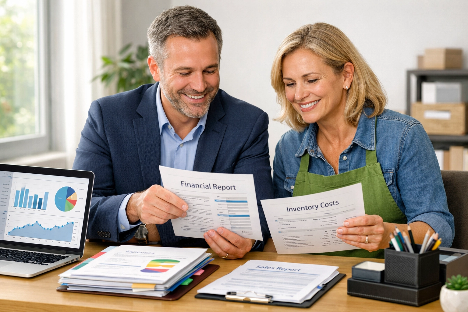 Consultant helps small business owner organize QuickBooks records with categorized paperwork and financial charts.