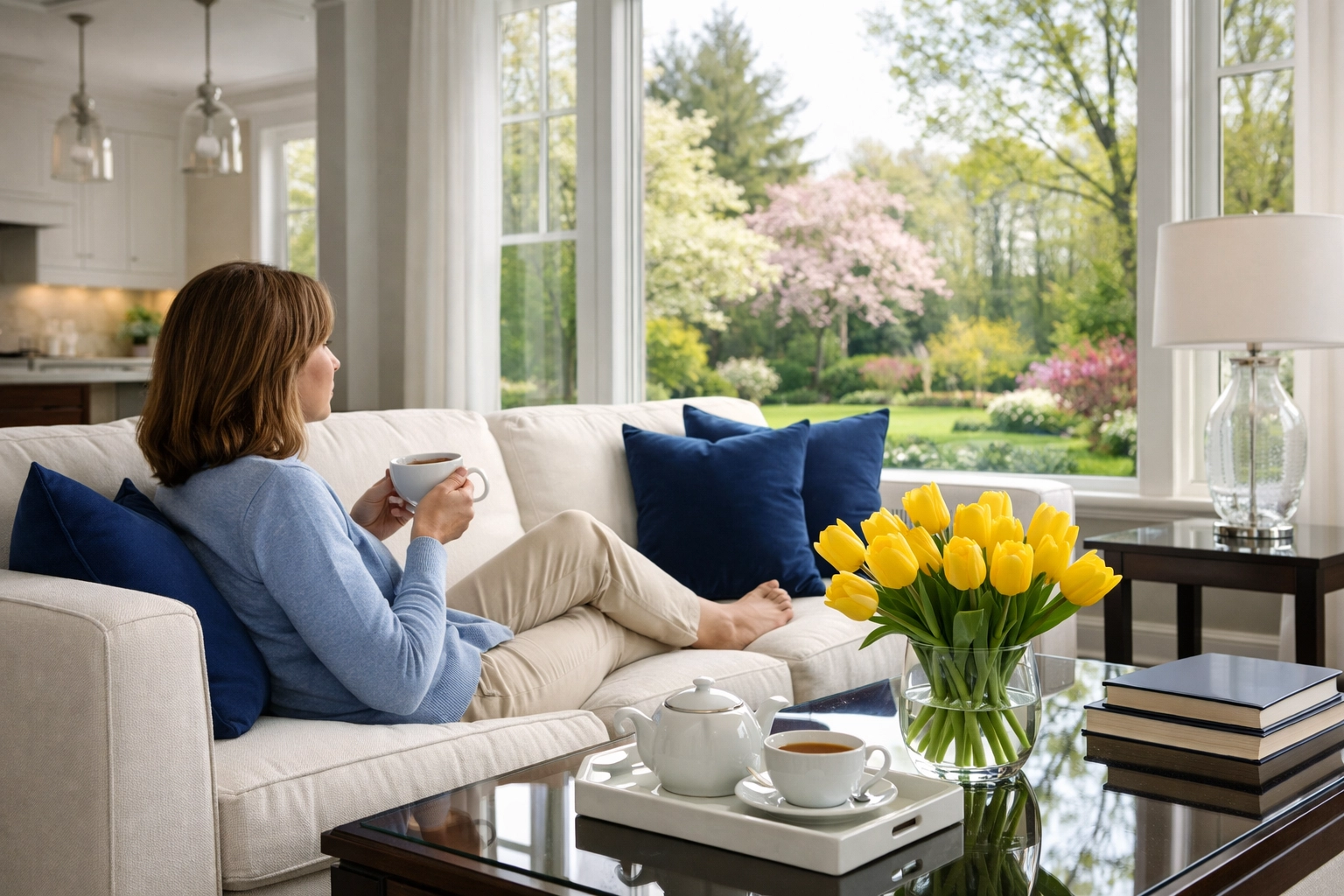 A relaxed homeowner in a spotless living room after a premium residential cleaning MA service.
