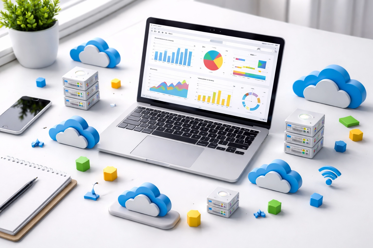 Laptop showing data charts and cloud icons on a modern desk, highlighting cloud asset management complexity and ITOM strategy