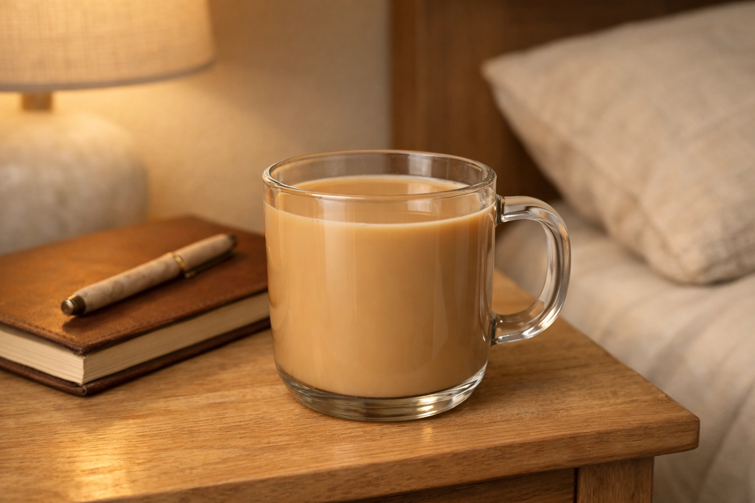 A warm mug of herbal chai on a bedside table beside a journal—simple comfort when you’re rebuilding strength.