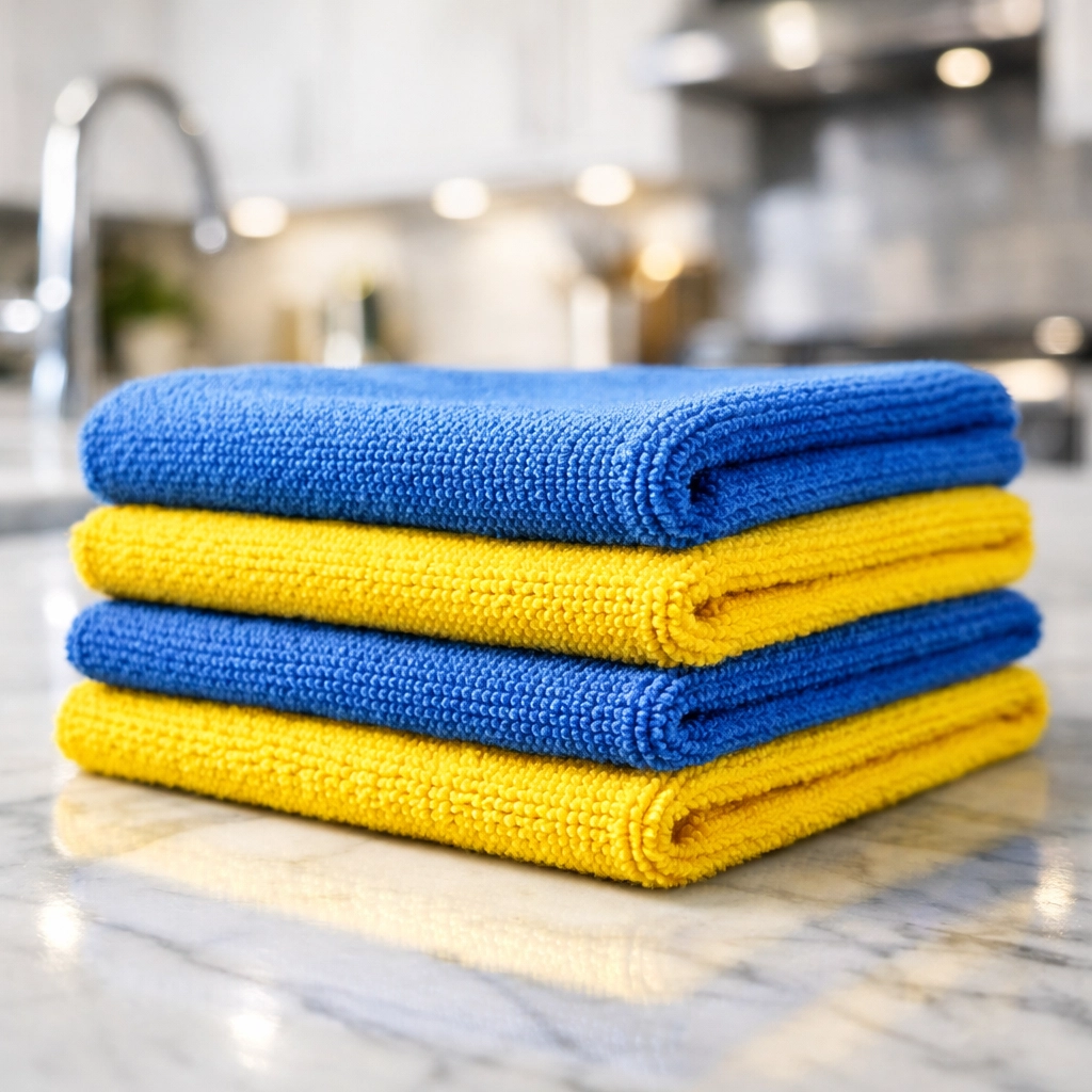 Essential microfiber tools used for top-quality House Cleaning Shirley MA on a marble counter.