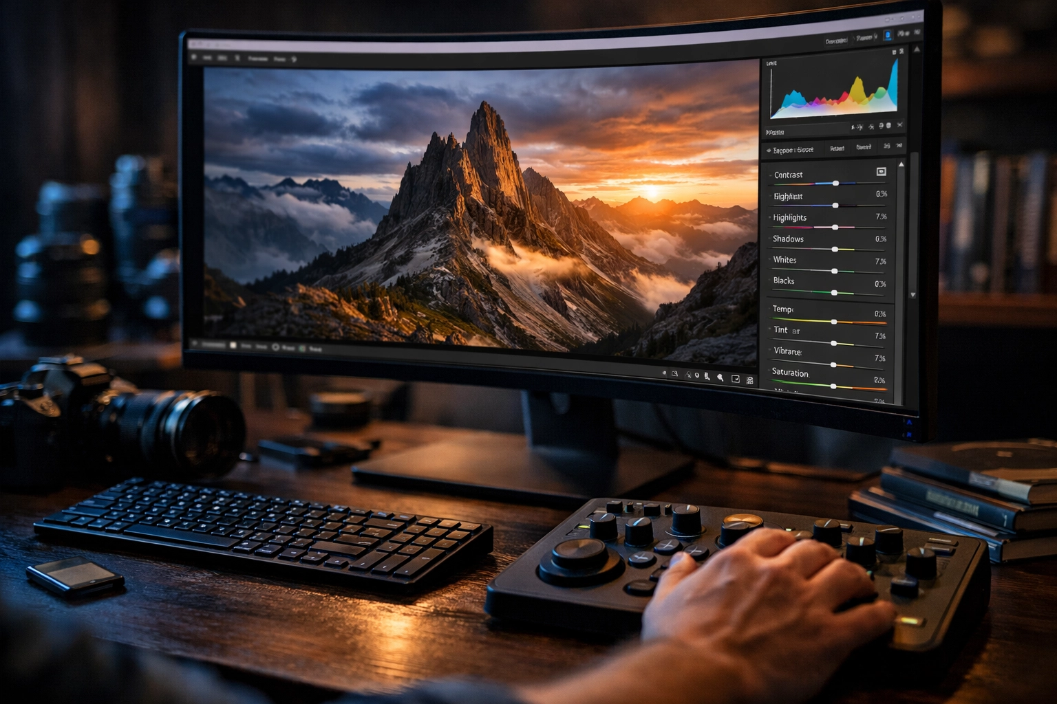 Professional photographer editing a landscape shot using specialized software and photography tutorials.