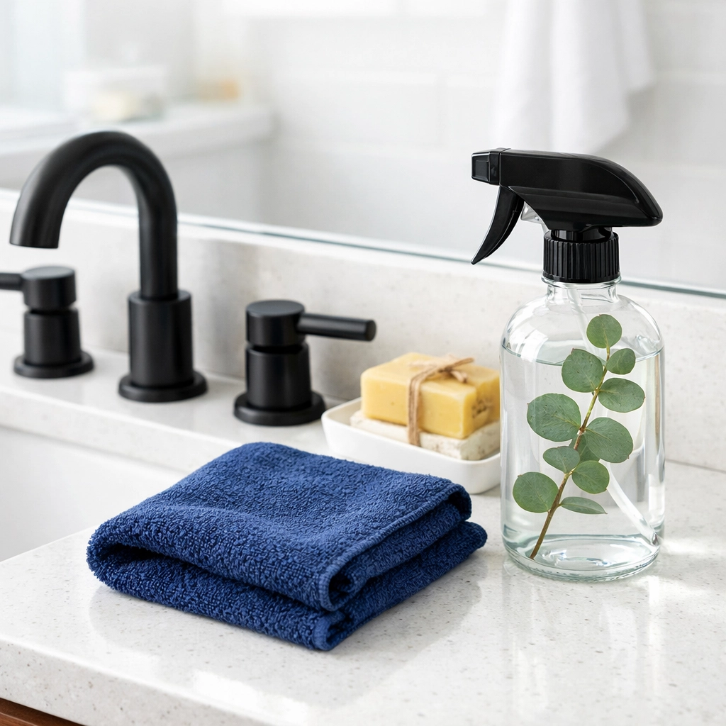 Eco-friendly house cleaning Lincoln MA using non-toxic products on a luxury white quartz bathroom vanity.