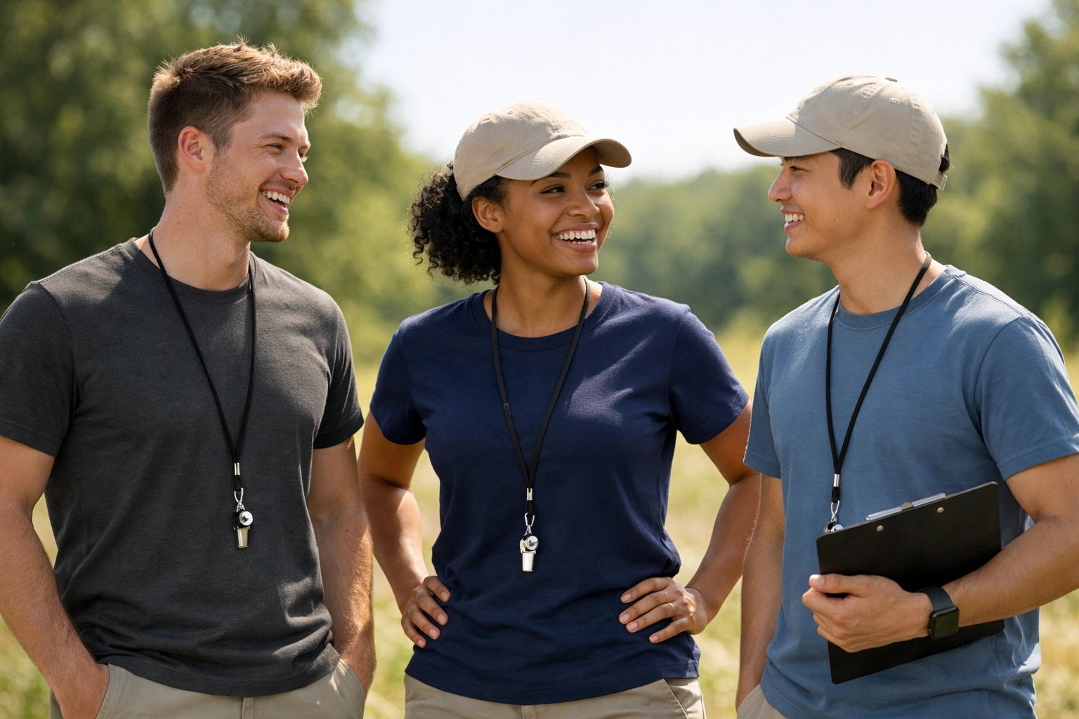 Group of counselors wearing unified custom camp staff shirts in premium navy and grey colors.