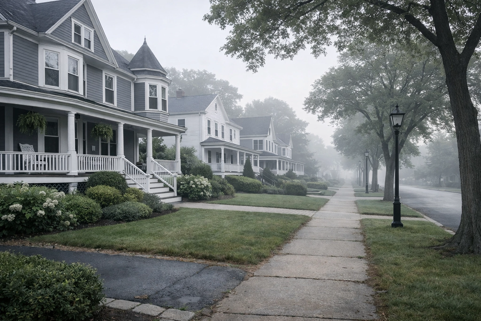 Early morning view of a quiet street with Victorian homes, perfect for Realtors Melrose MA finding hidden listings.