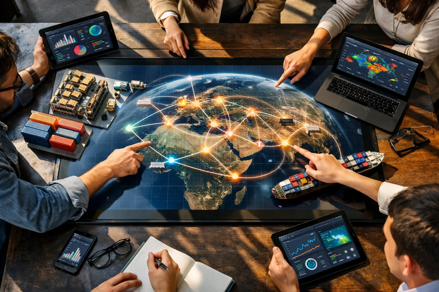 Students working together in logistics pod with supply chain network visualization