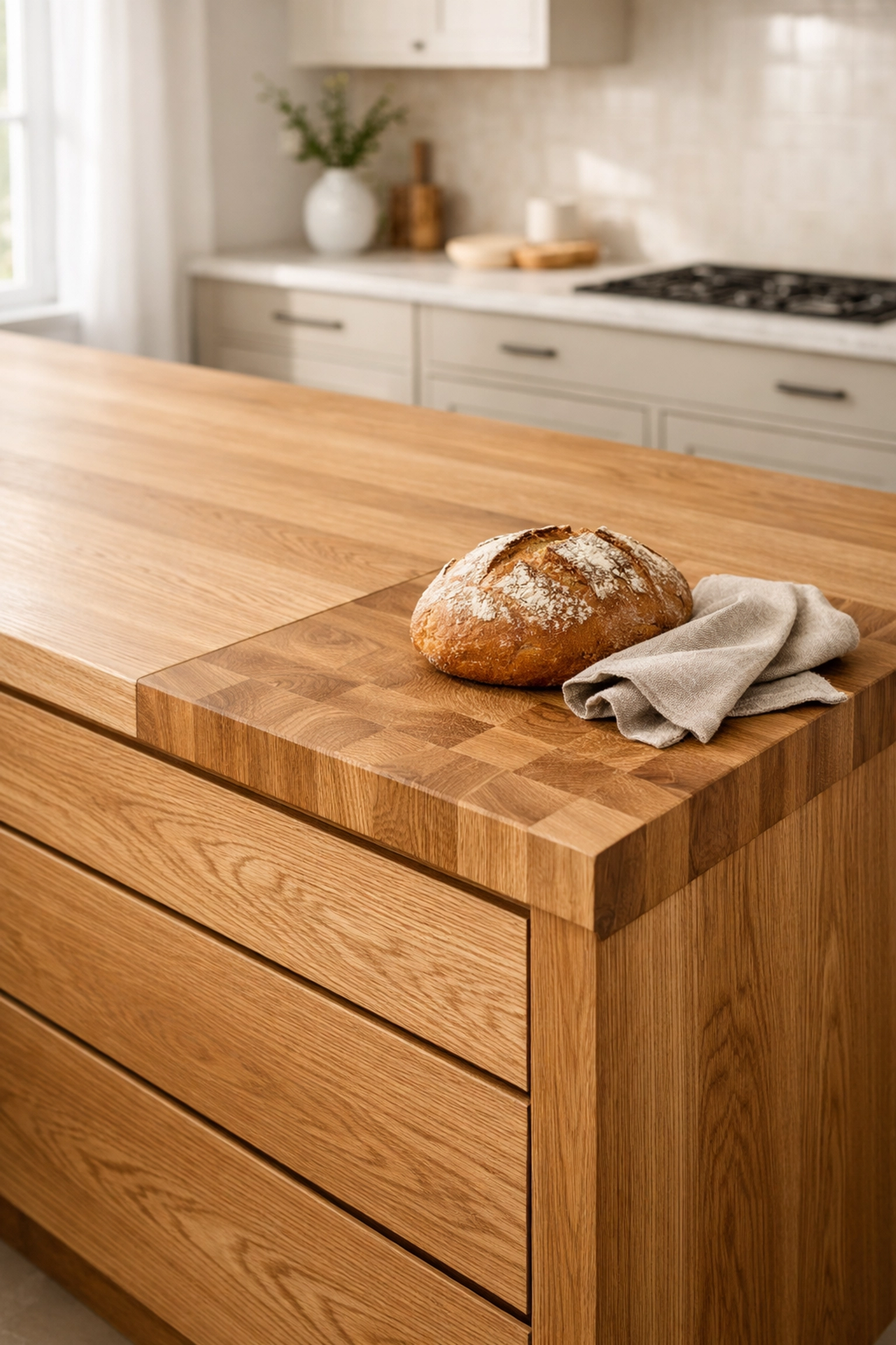 Modern white oak kitchen island with butcher block accent, perfect for kitchen remodeling in Orlando.