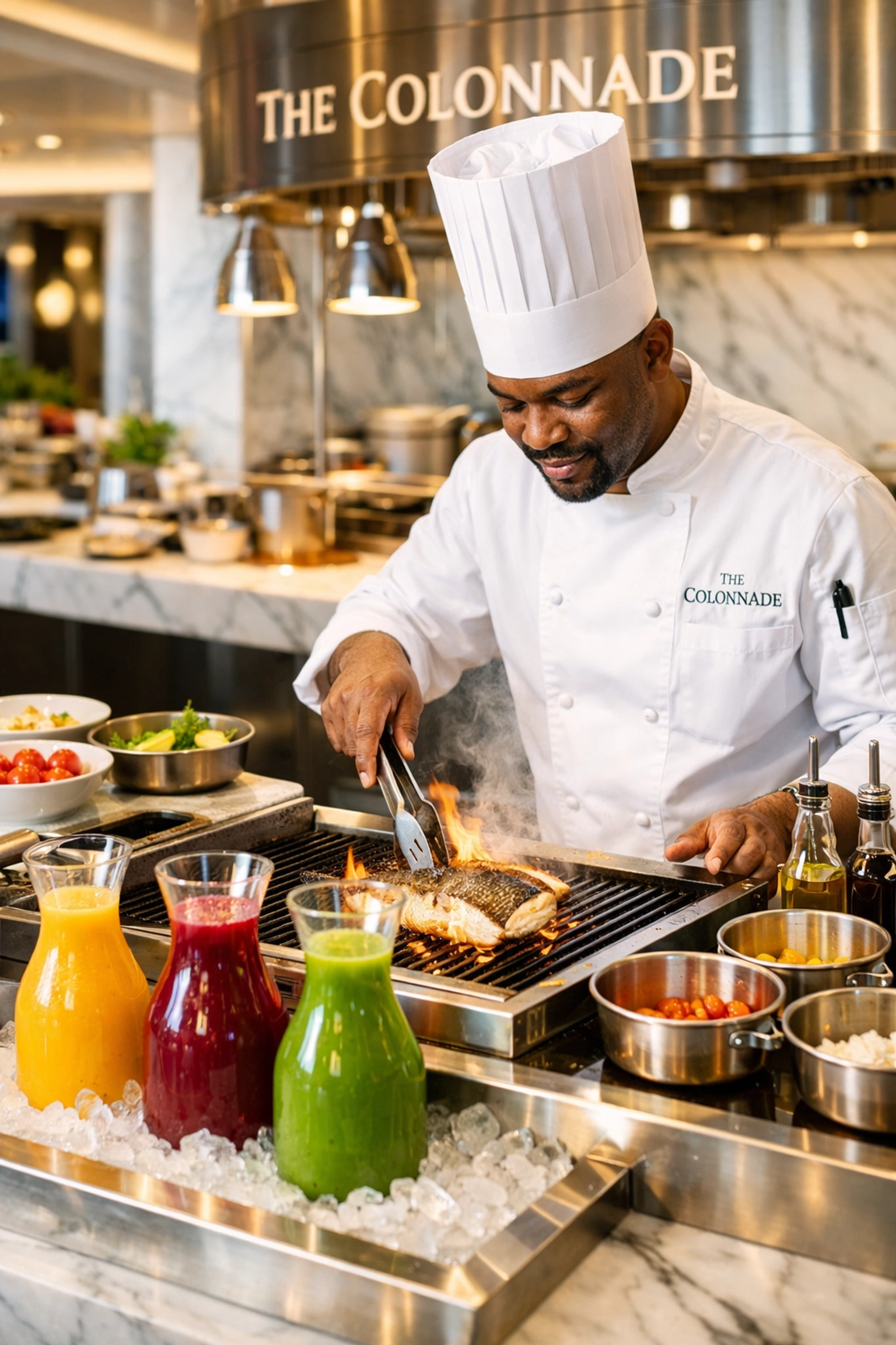 A chef prepares fresh sea bass at a live cooking station in The Colonnade on a Seabourn ship. (Photo: Seabourn)
