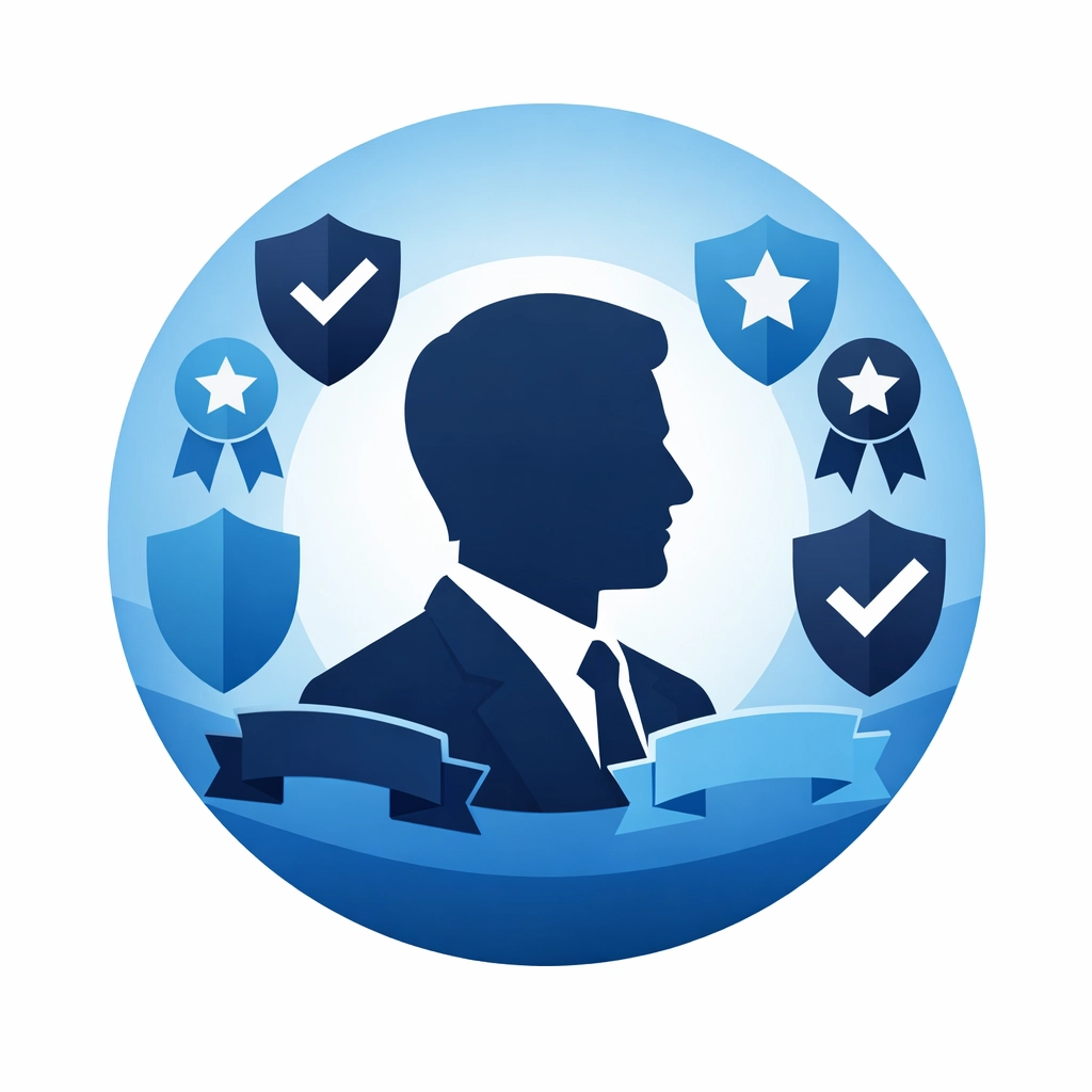 Professional profile icon surrounded by shields and ribbons symbolizing digital authority and E-E-A-T trust signals.