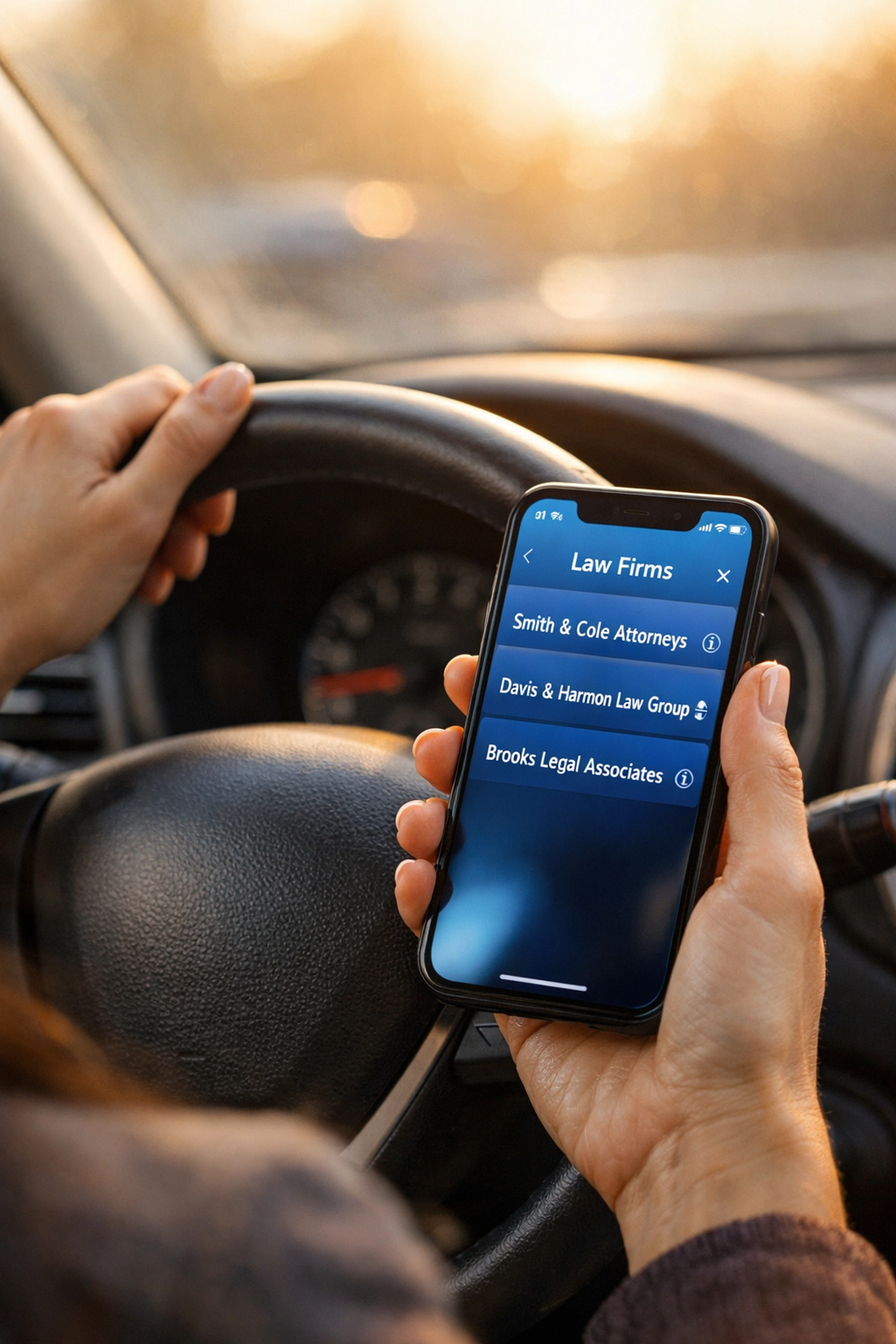 Person calling divorce attorneys from car with law firm contact list on smartphone