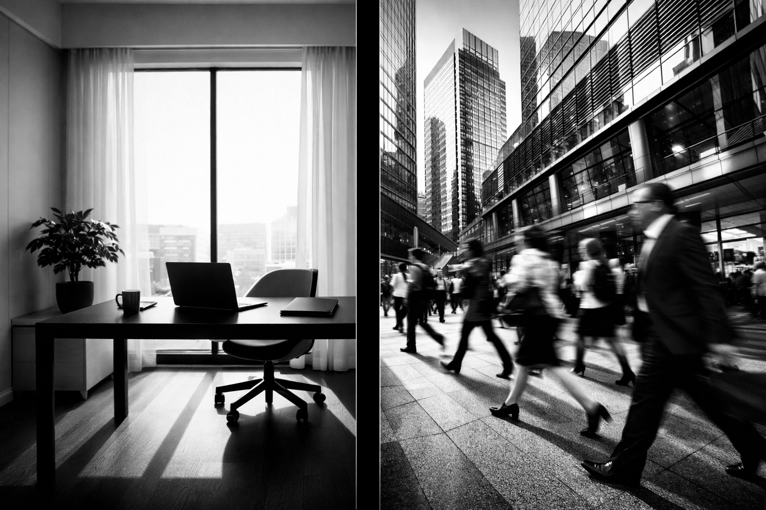 Calm office workspace versus busy Omaha business district illustrating work-life balance Calm office workspace versus busy Omaha business district illustrating work-life balance