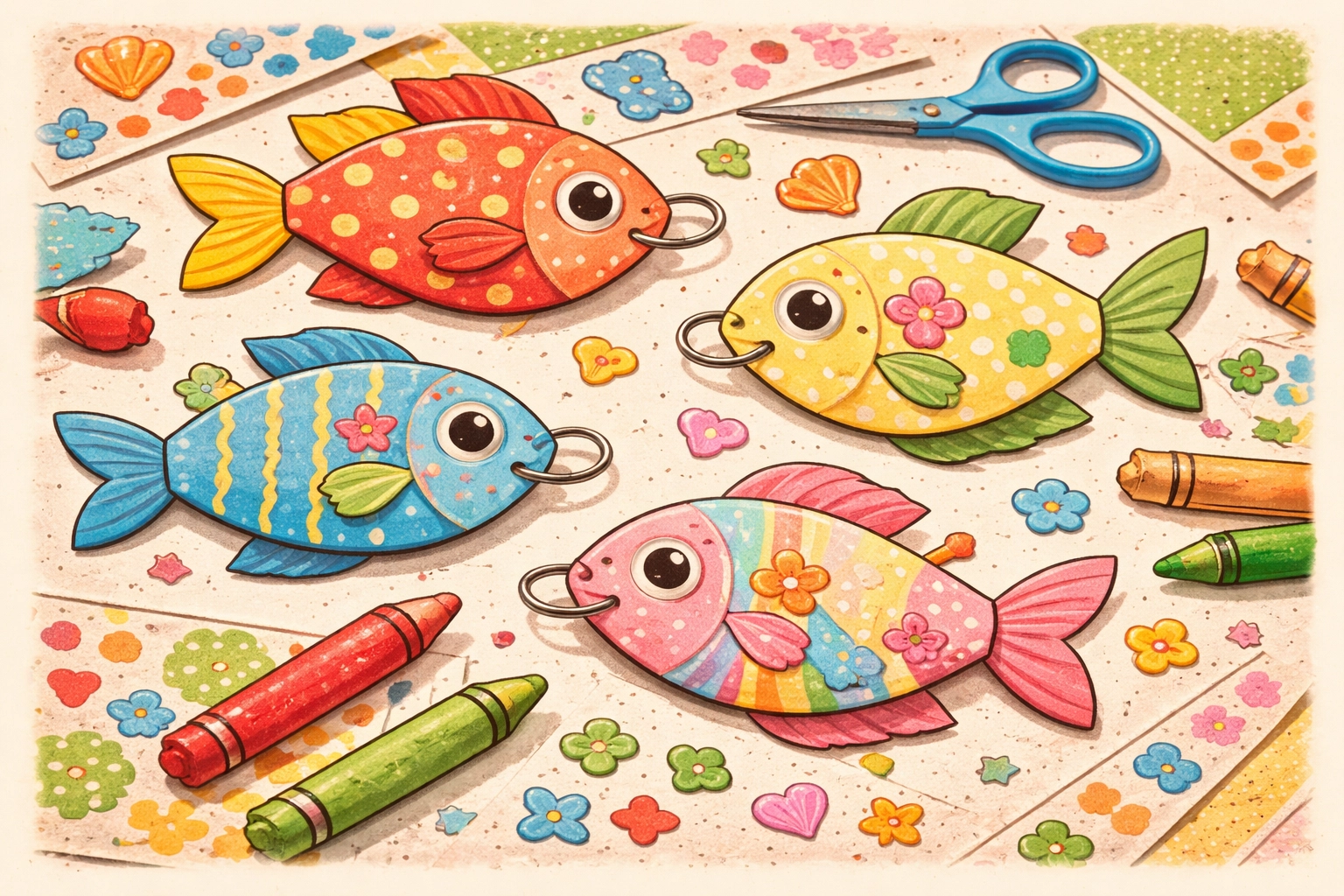 Decorated paper fish with attached paper clips and craft supplies, ready for DIY magnet fishing