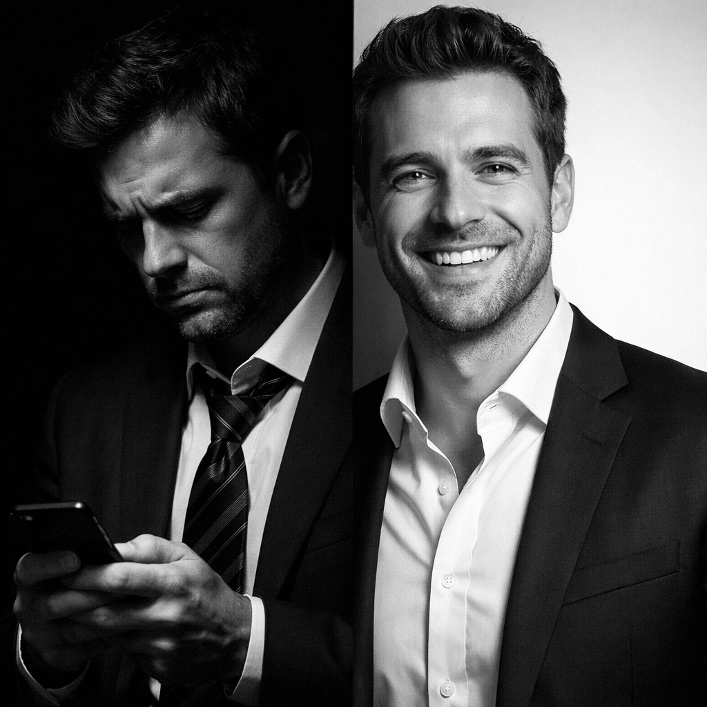 Professional man showing contrast between dating app stress and confident self without phone