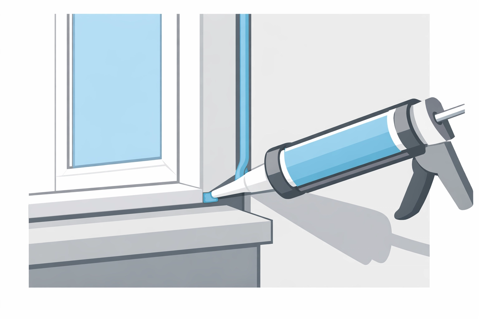 Caulking gun applying sealant around window frame to seal air leaks