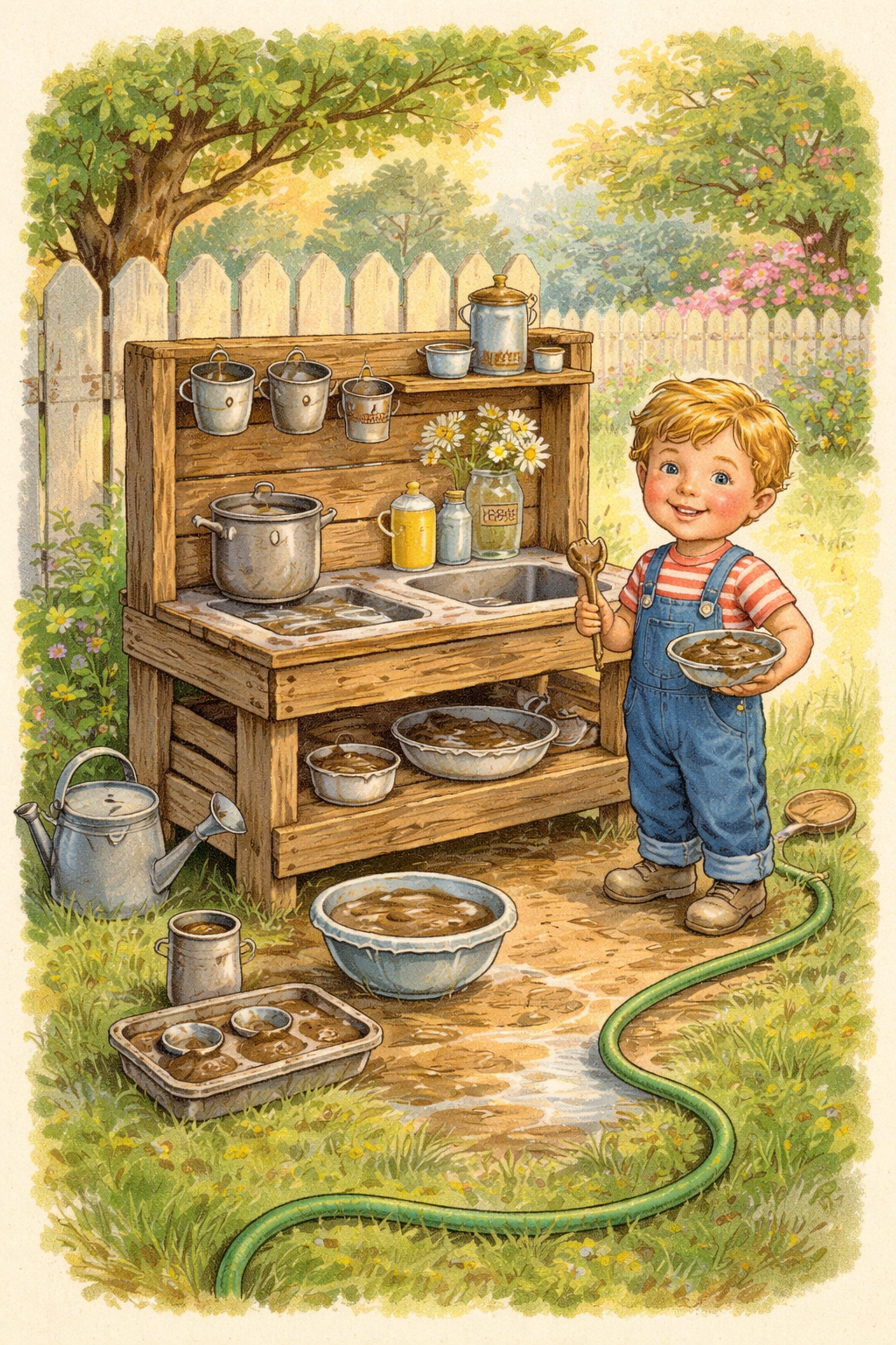 A young child playing at a backyard mud kitchen with a wooden work surface and garden hose, perfect for outdoor sensory play.