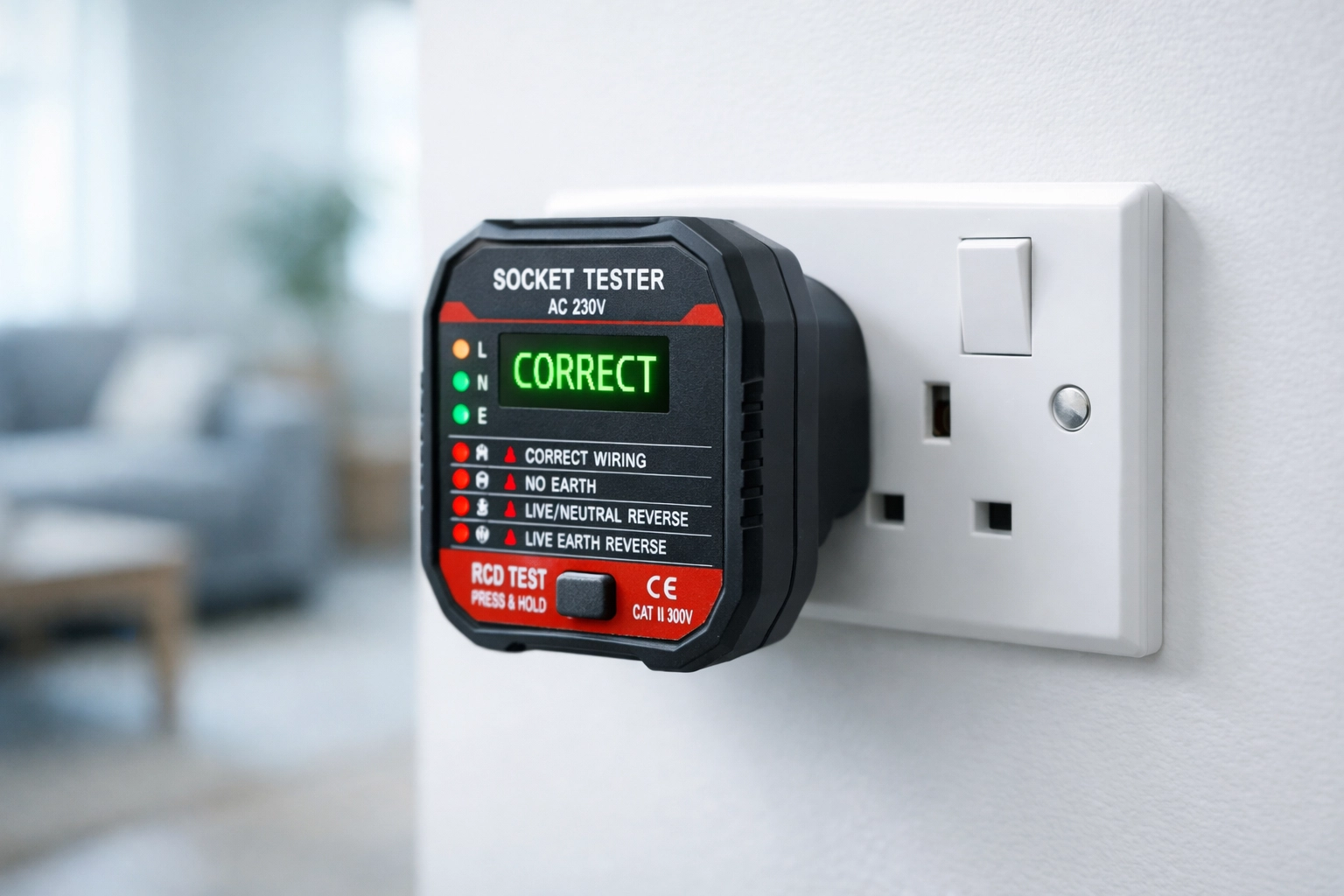 Professional electrician using a socket tester to ensure safe wiring in a Dorset residential property.