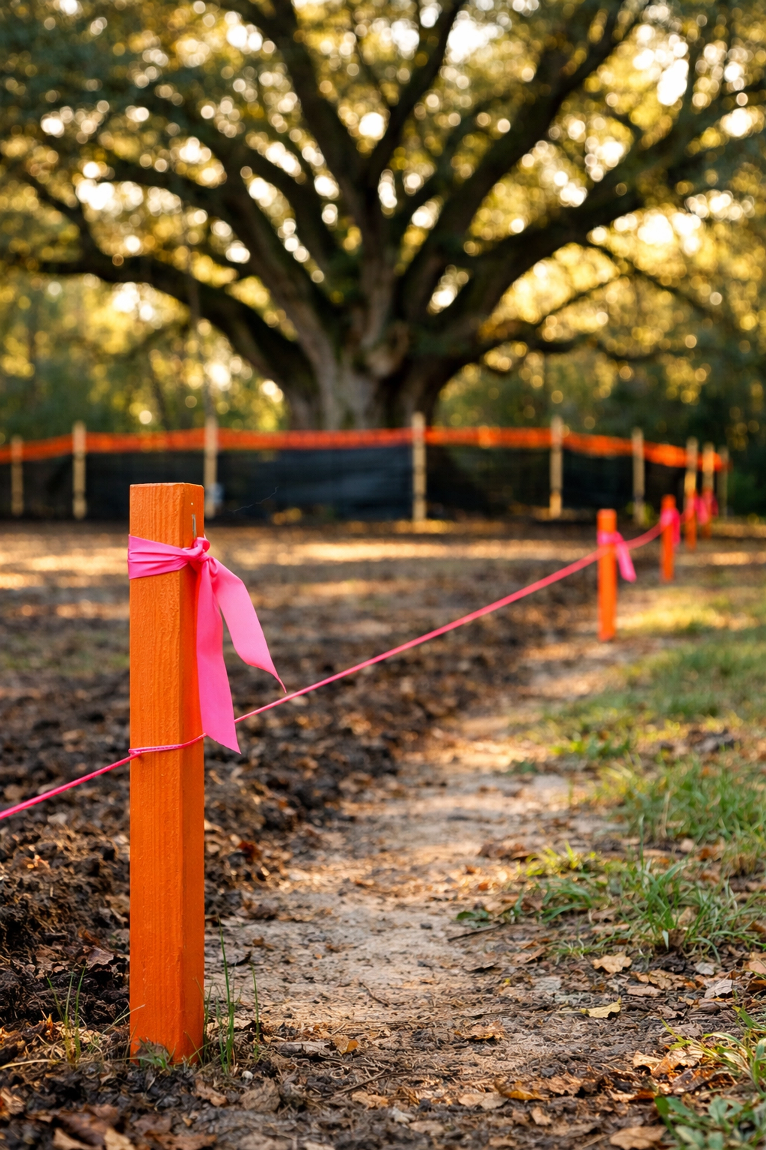 Professional survey stakes and fencing used to mark site boundaries and protect trees in Michigan.
