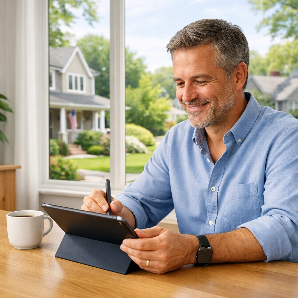 A homeowner completing a remote real estate closing on a tablet in a bright Connecticut home.