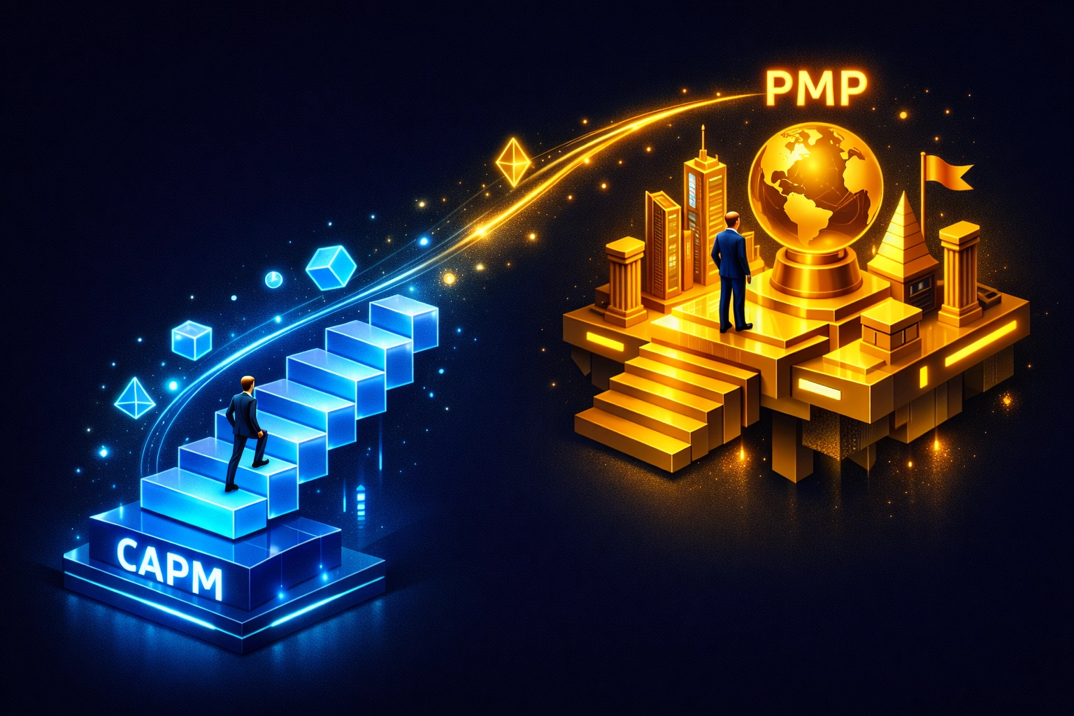 Visual roadmap comparing the CAPM entry-level path and PMP professional certification mastery.