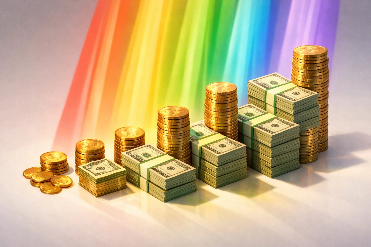 Growing money stacks with rainbow light showing LGBTQ+ author profit margins increasing