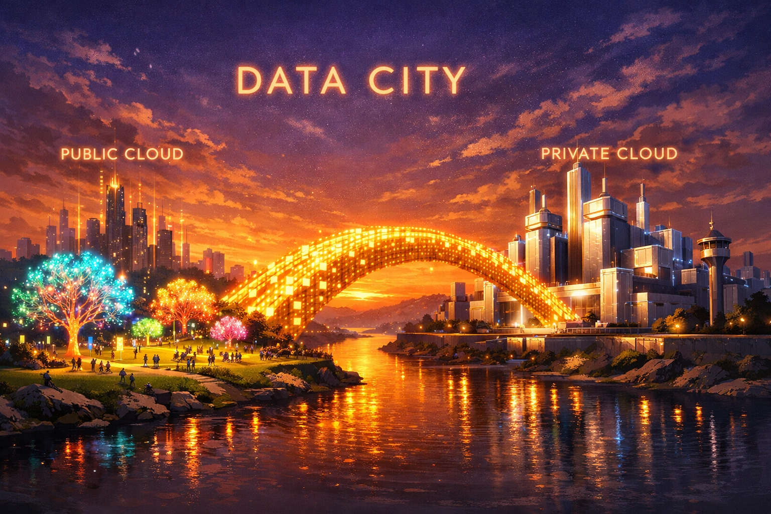 Comparison of public, private, and hybrid cloud deployment models in a digital landscape.