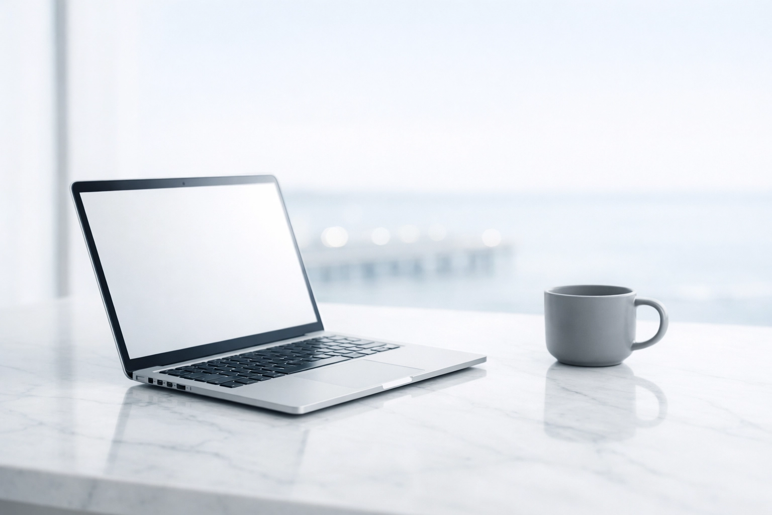 A modern workspace with a laptop overlooking a coastal view, representing fast web design for SR7 businesses.