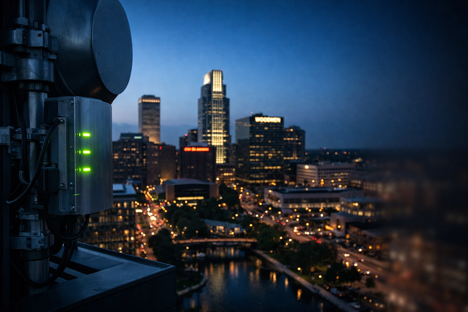 Omaha skyline at dusk with network infrastructure symbolizing managed IT services and business growth.