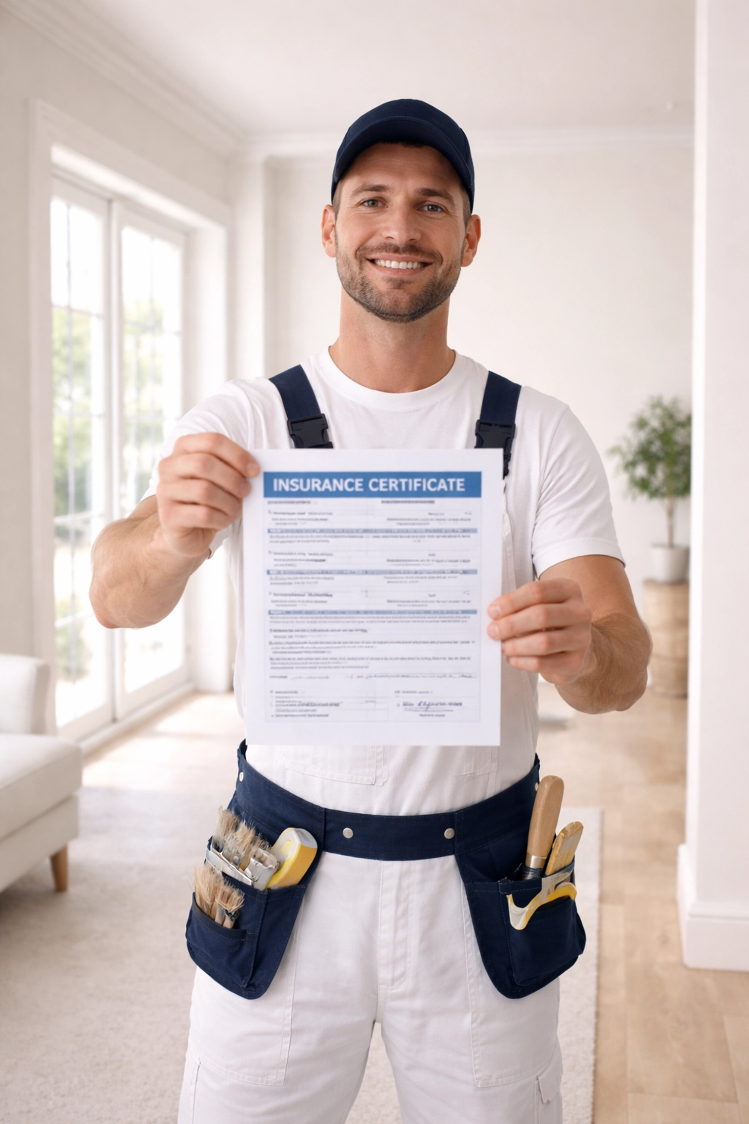 Professional painter in Atlanta showing insurance certificate inside freshly painted home