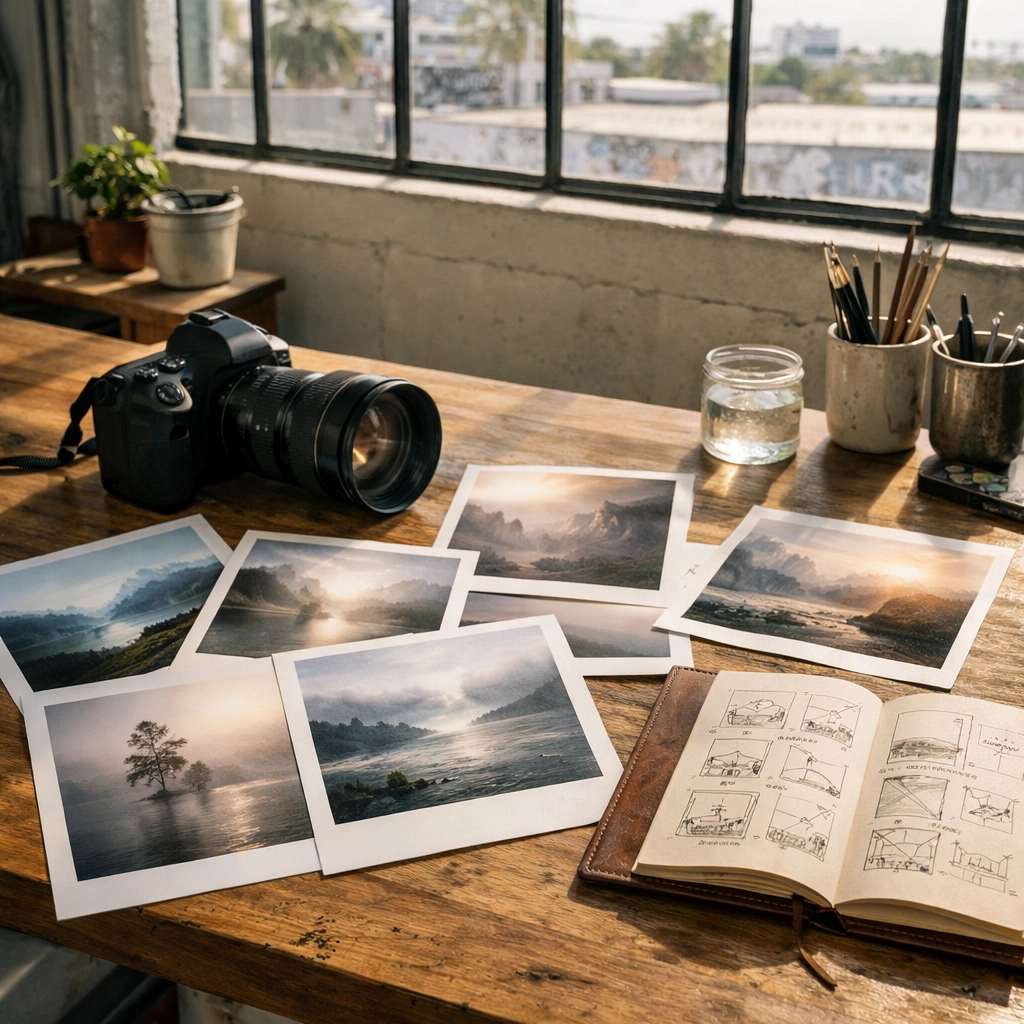 Printed fine art photography and ethereal photography landscapes displayed in a sunlit Miami studio.