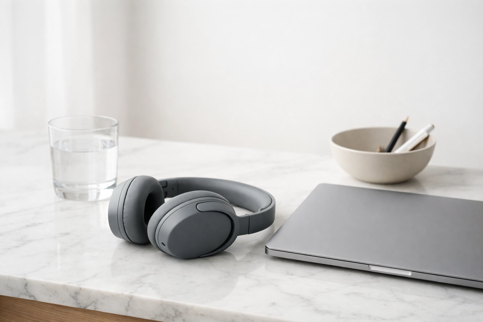 Minimalist desk with headphones and a laptop for a focused beginner taking online tax courses.