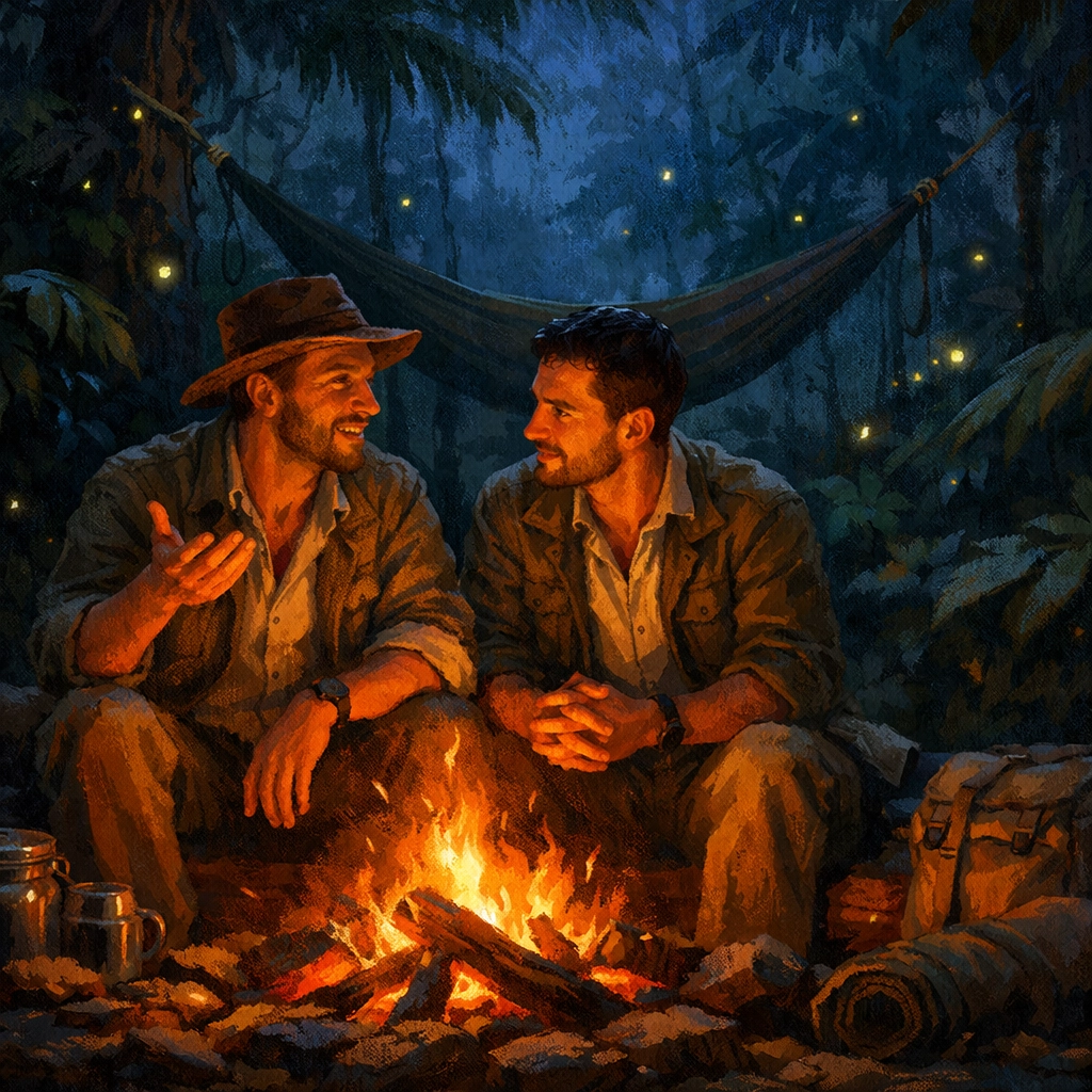 Two men bond by campfire in Amazon jungle - MM romance emotional connection