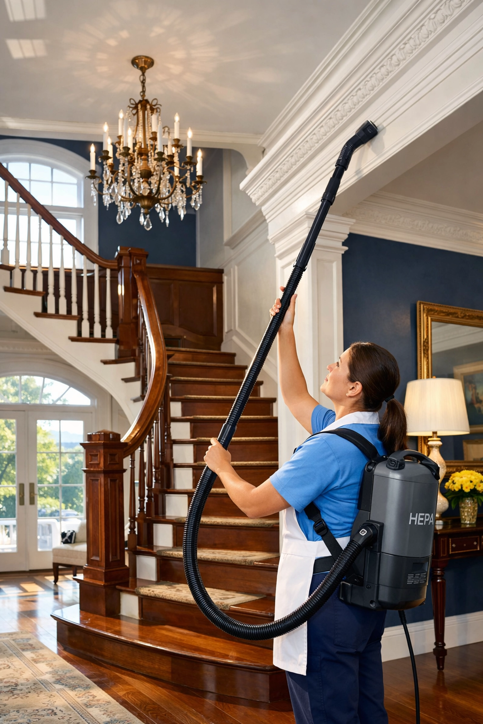 Professional post construction cleaning in Southborough using HEPA vacuums on high crown molding.