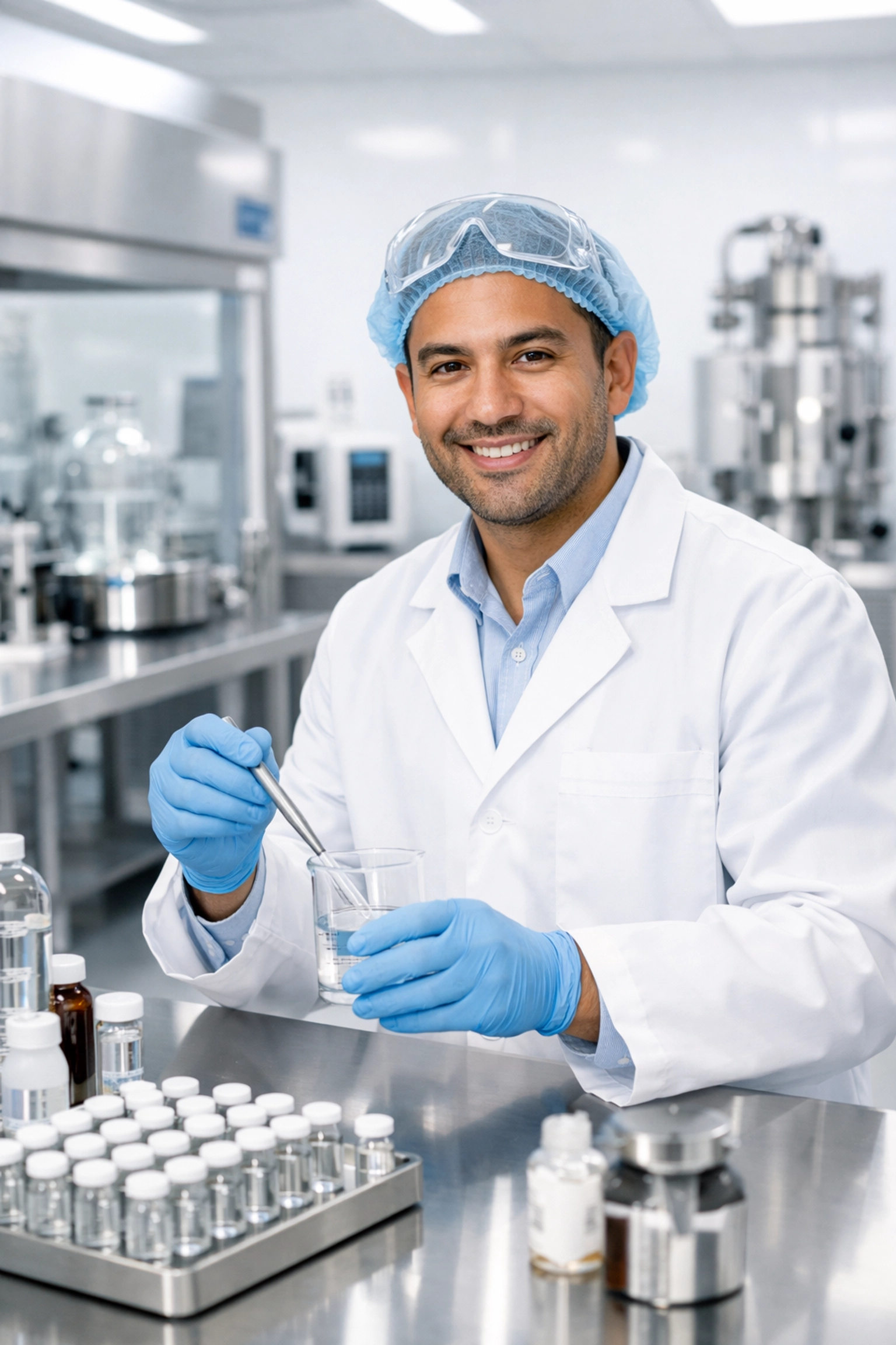 Licensed pharmacist in a laboratory preparing compounded GLP-1 medications for weight management.
