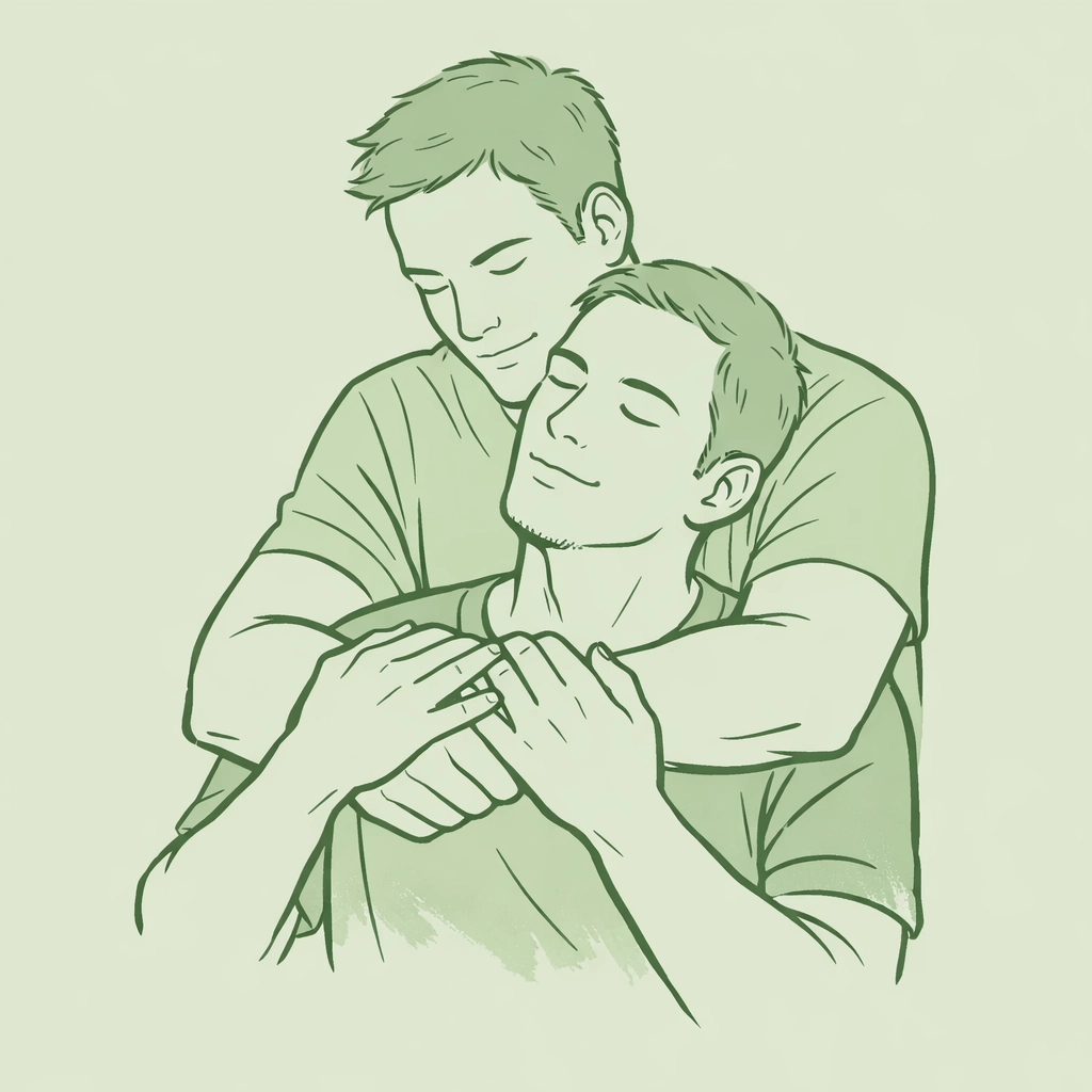 A protective embrace between two men highlighting the healing power of connection in an emotional MM fiction journey.