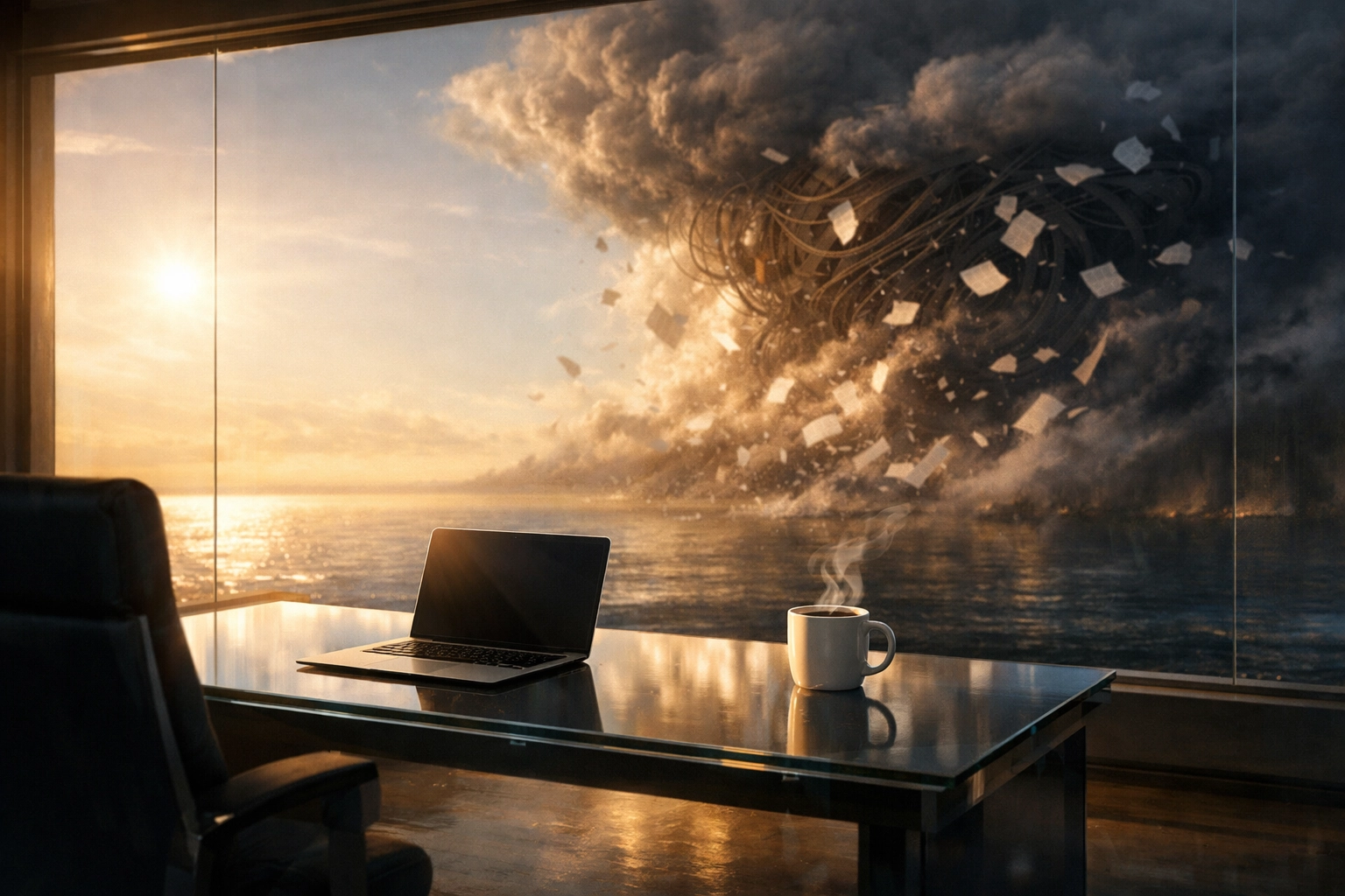 Does AI Automation for Small Business Really Matter in 2026? Here’s the Impact on ROI 5 A peaceful modern office with ocean views, showing business process automation replacing administrative chaos.