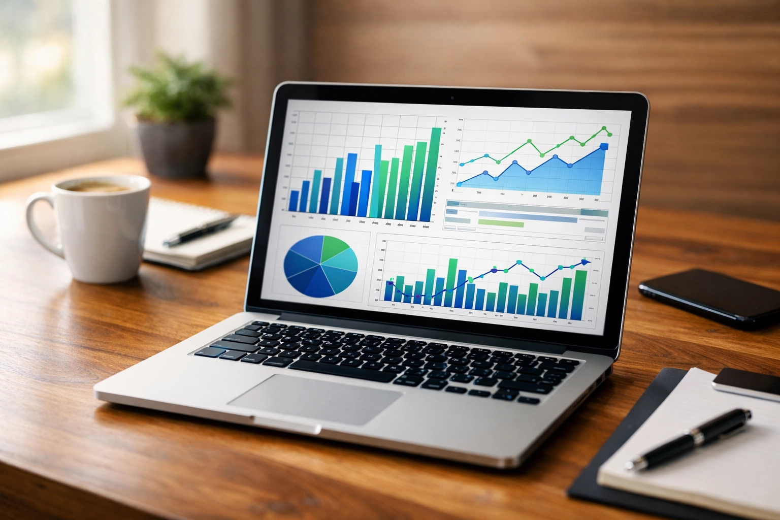 Laptop displaying financial charts and graphs for monthly income statement tracking