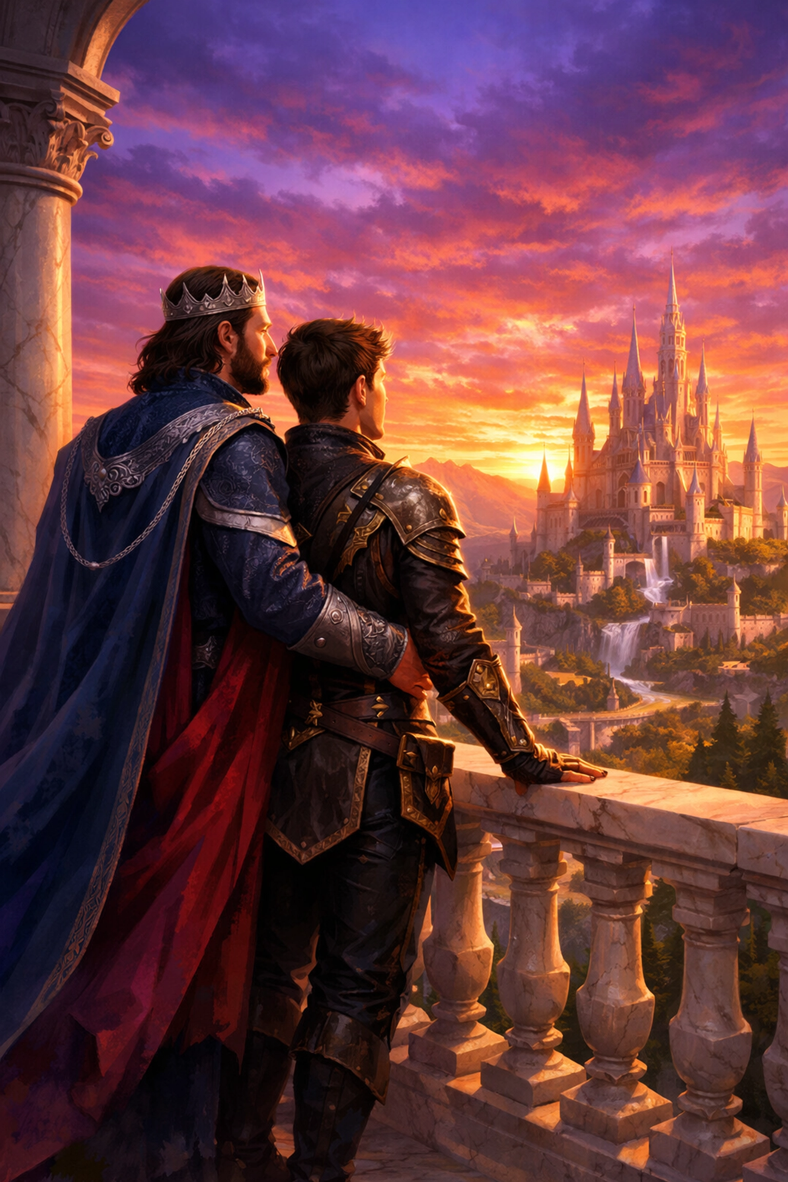 Gay royal couple standing on a marble balcony at sunset, overlooking a vast fantasy kingdom.