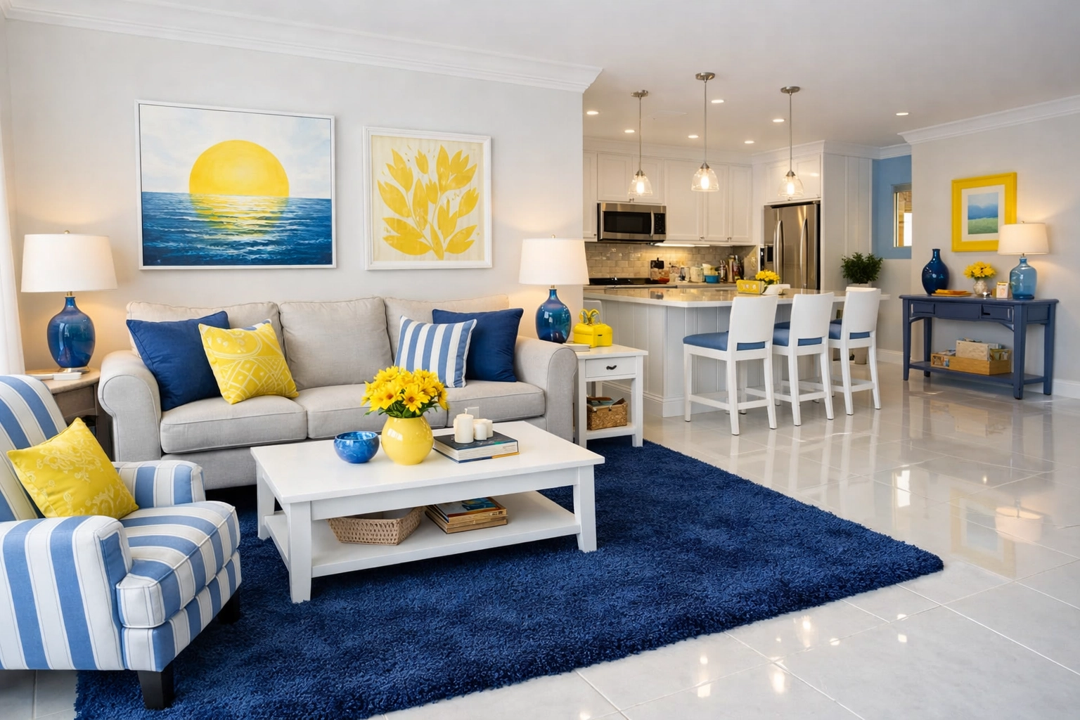 Organized open-concept apartment living room in Worcester with spotless floors and vibrant decor.