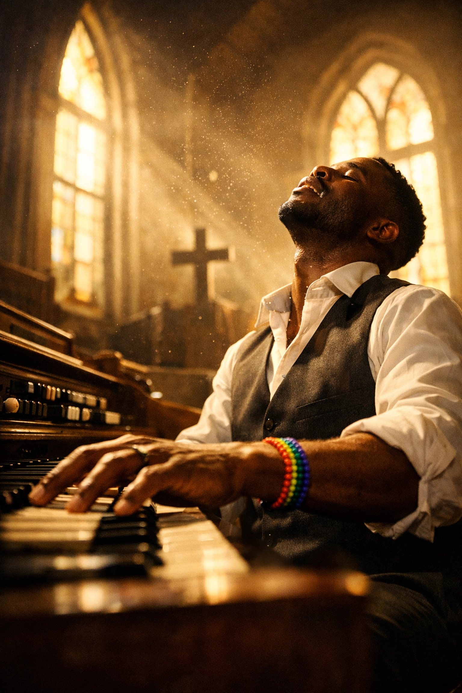 Black gay musician playing a church organ, symbolizing the queer heartbeat of gospel music history.