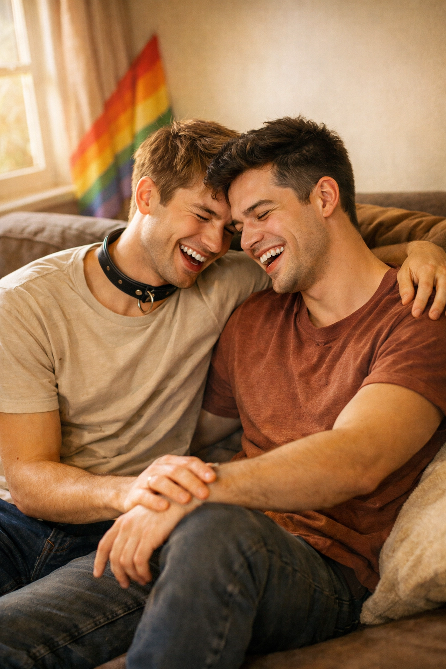 Two gay men sharing authentic connection on couch in LGBTQ+ puppy play community