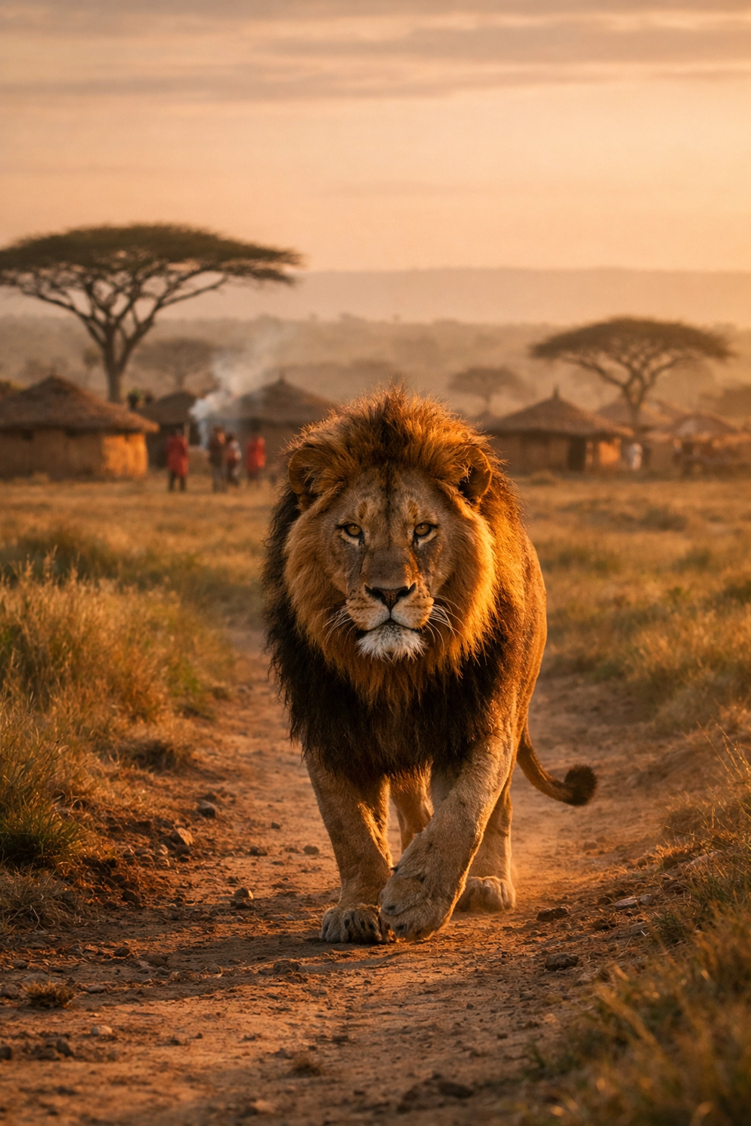 African lion walking near Maasai village in Kenya, showing human-wildlife coexistence in conservation