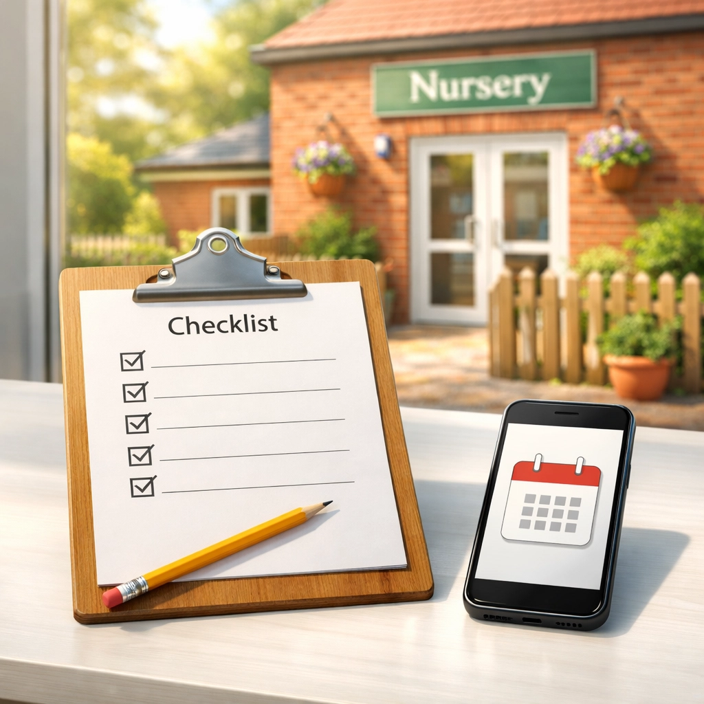 A security survey checklist and smartphone in front of a safe and friendly Cardiff nursery entrance.