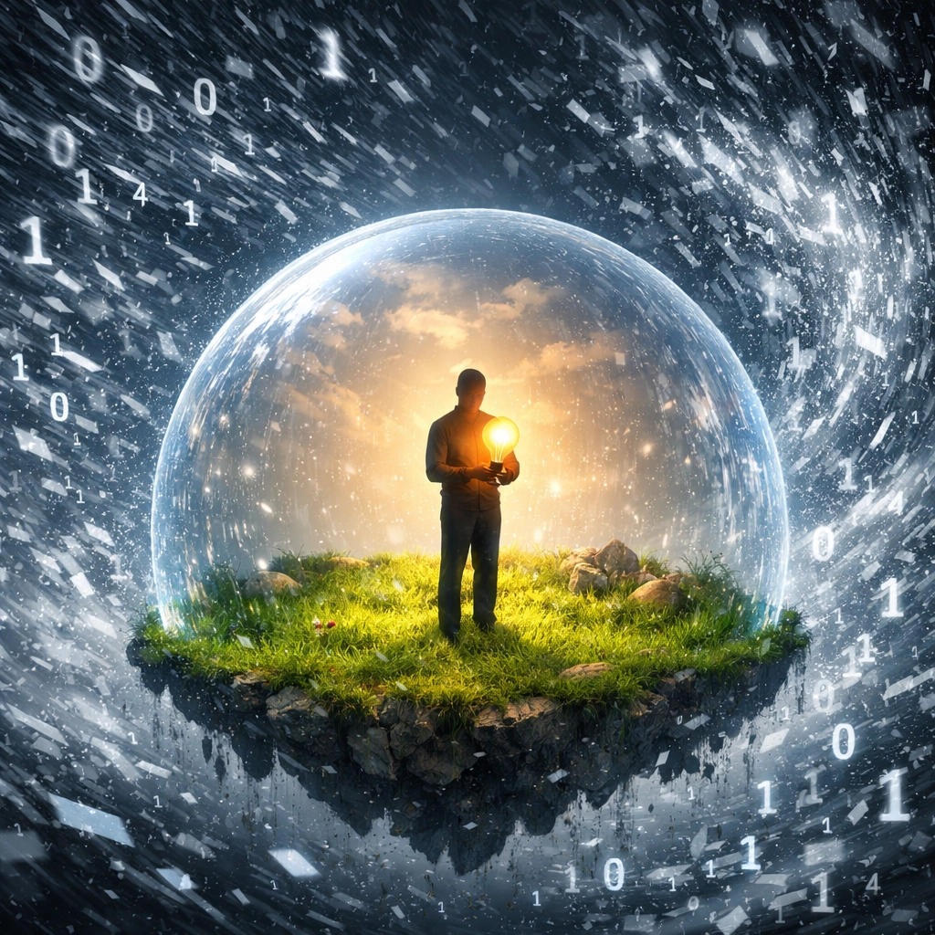 A person holding a lightbulb inside a protective dome, representing human skills like empathy and logic.