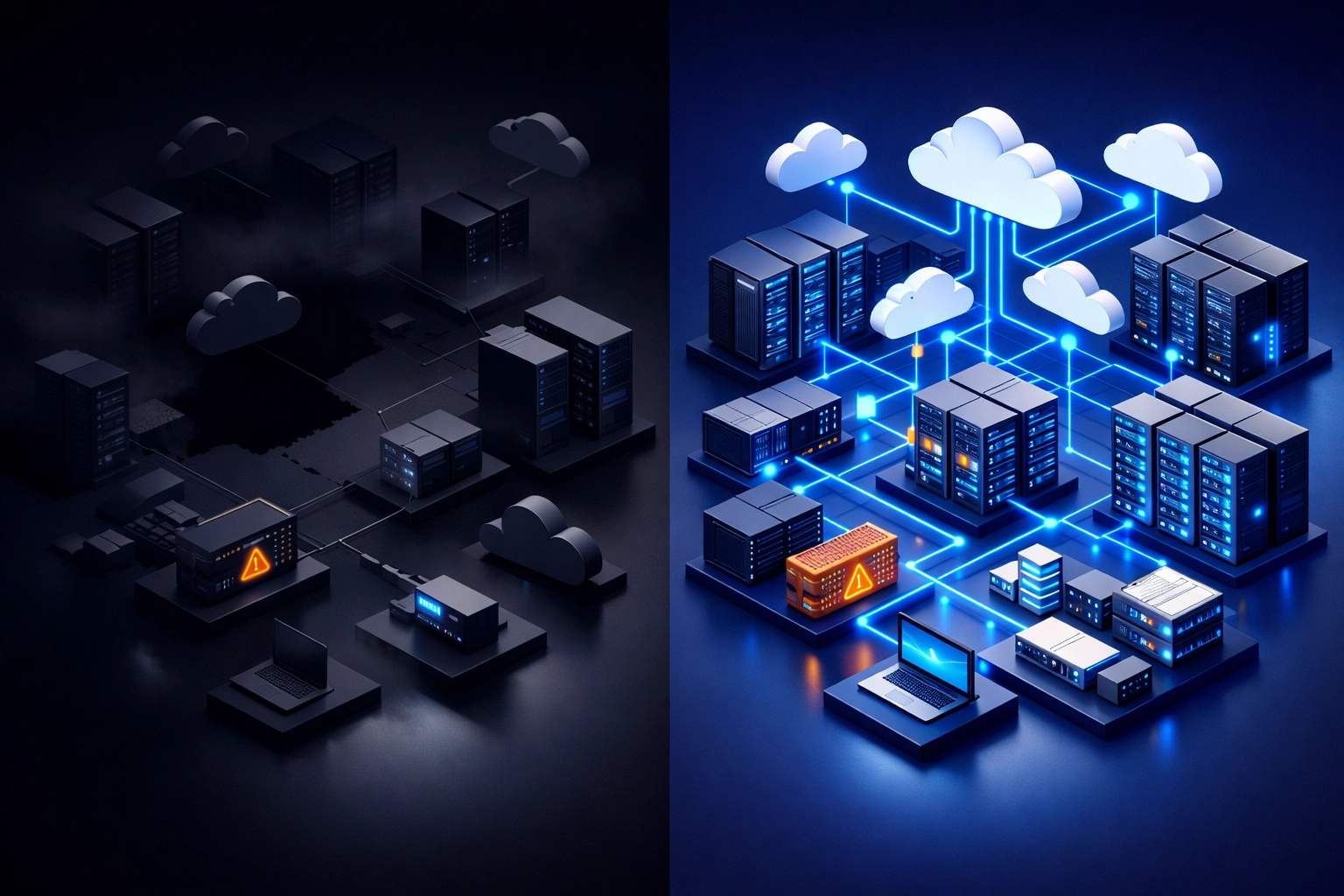 Comparison of incomplete vs complete ServiceNow ITOM Discovery infrastructure visibility