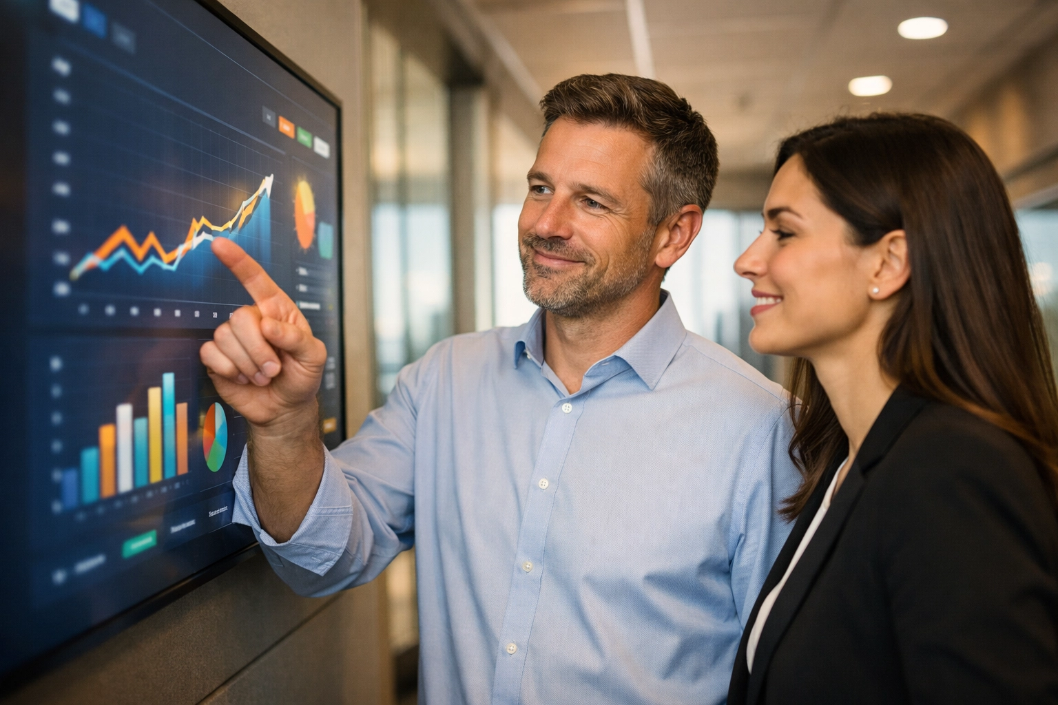 Professionals analyzing ServiceNow ROI and ITOM data metrics on a modern corporate dashboard display.