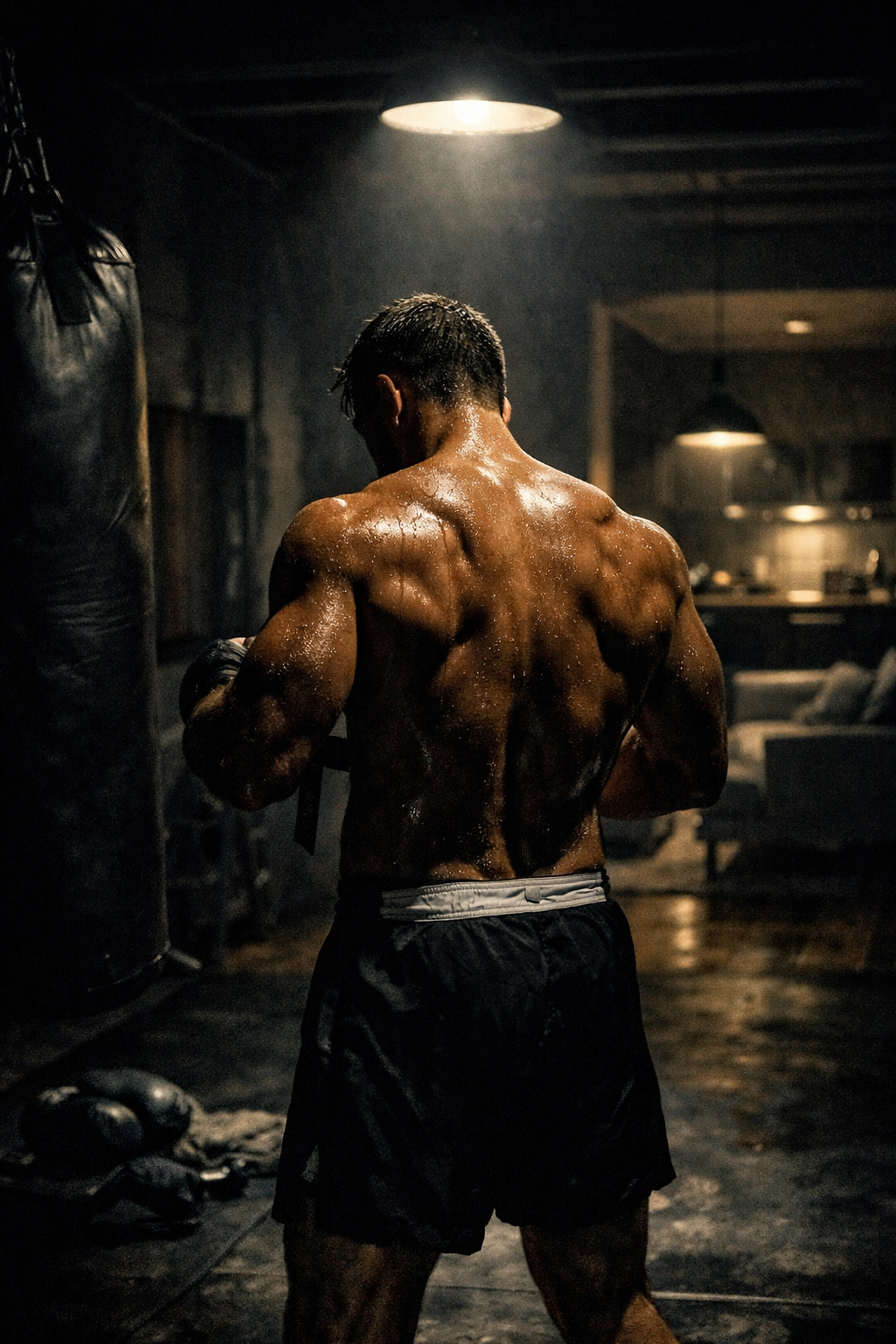 Focused athlete preparing for intense bodyweight training at home in a professional-grade home gym.