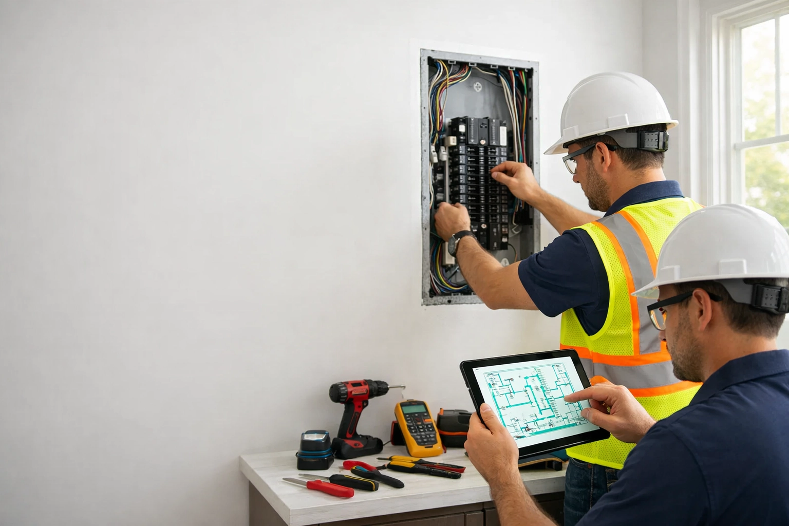 Professional electricians installing new electrical panel during home upgrade in Florida