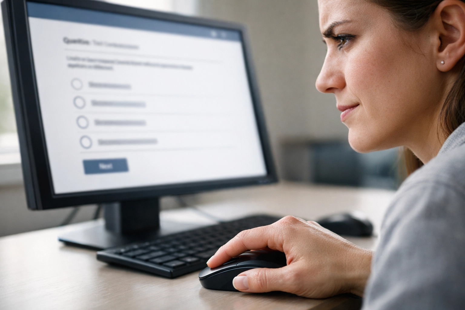 Confident test-taker answering CLEP exam questions on computer with decisive focus