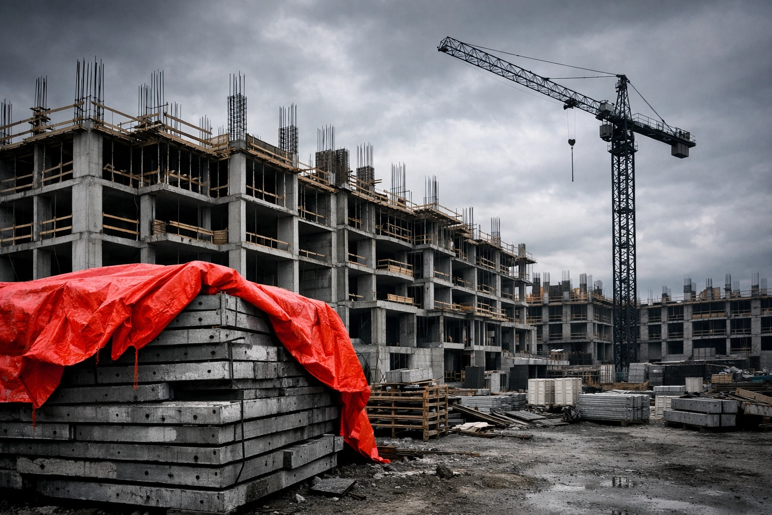 Stalled urban construction site with a crane and red tarpaulin during a decline in housing starts.